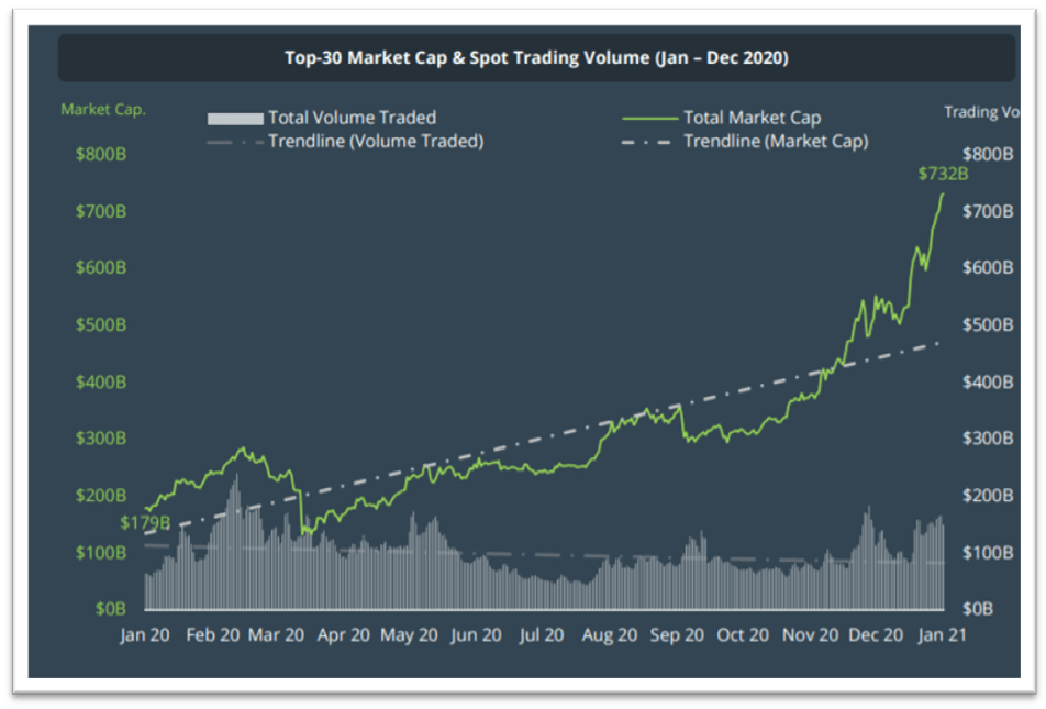 Top-30 Market Coins Capitalisation and Spot Trading Volume from January to December 2020
