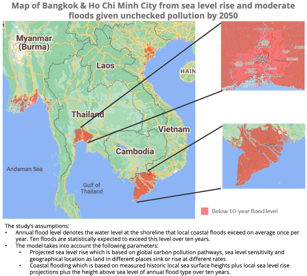 Map of Bangkok and Ho Chi Minh City from sea level rise and moderate floods given unchecked pollution by 2050, Source: Integra Partners, Jan 2023